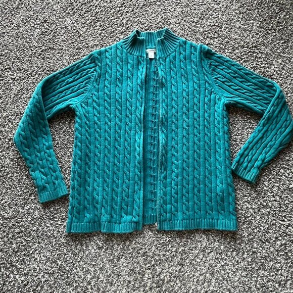 LL Bean Cable Knit Sweater Womens Large Teal 100% Cotton Cable Knit Full Zip - Picture 1 of 7
